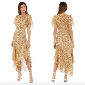 ASTR mustard yellow brown cream floral metallic ditzy flutter sleeve maxi dress